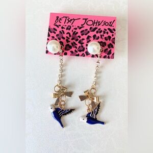 Betsey Johnson Pearl and Blue Bird Dangle Earrings